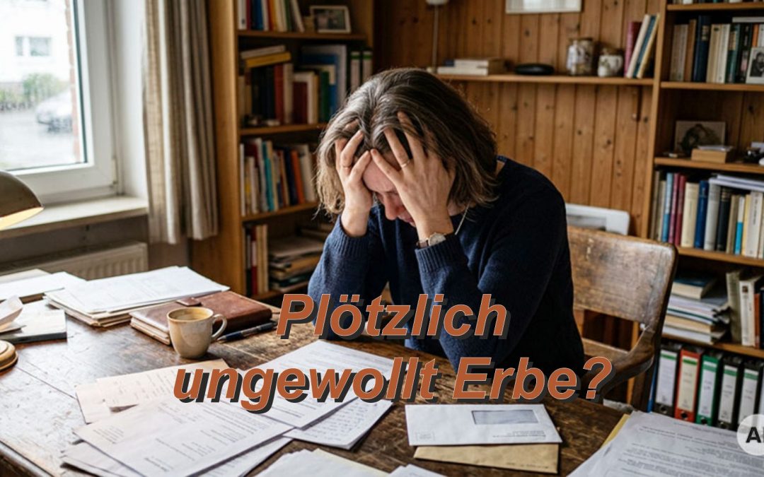 Eine verzweifelte Frau sitzt am Schreibtisch und liest in einem Brief, dass sie Schulden geerbt hat. Kann Sie die Erbschaftsannahme anfechten?